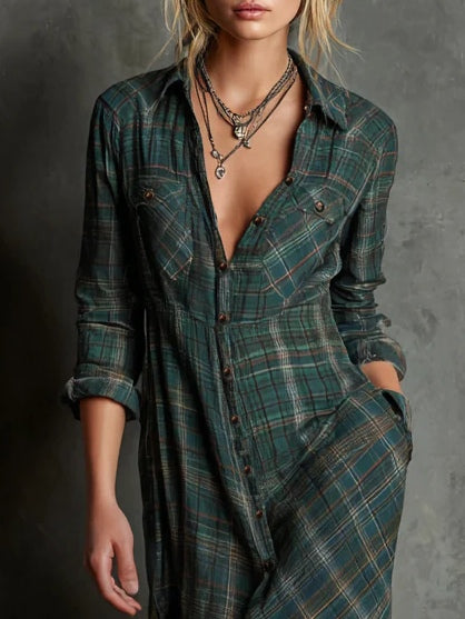 Long green plaid shirt dress with lapel collar and single-breasted button closure
