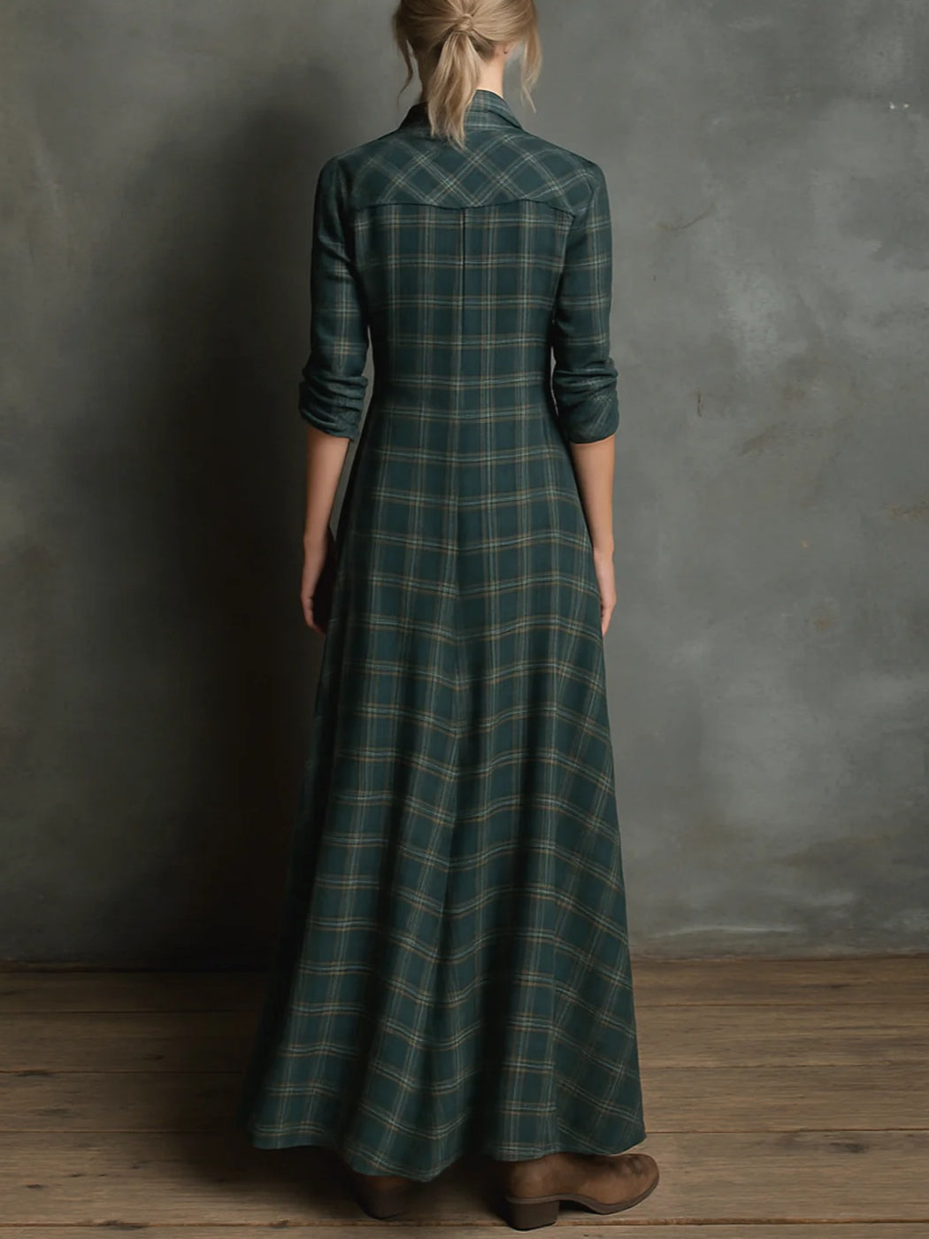 Long green plaid shirt dress with lapel collar and single-breasted button closure