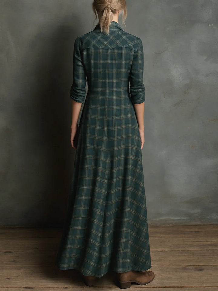 Long green plaid shirt dress with lapel collar and single-breasted button closure