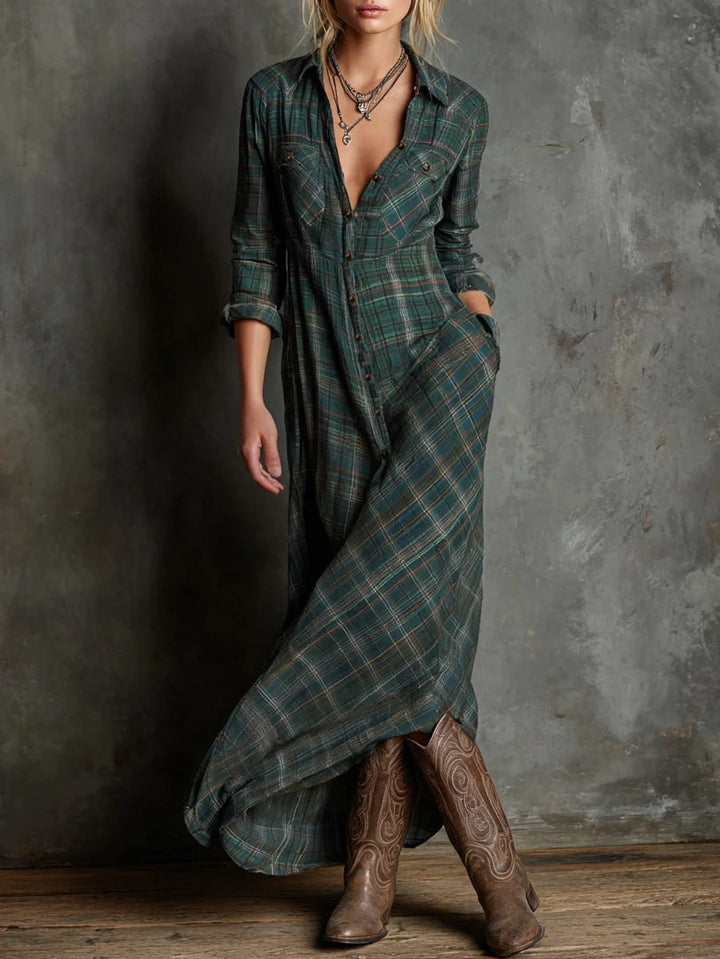 Long green plaid shirt dress with lapel collar and single-breasted button closure