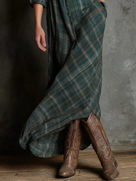 Long green plaid shirt dress with lapel collar and single-breasted button closure
