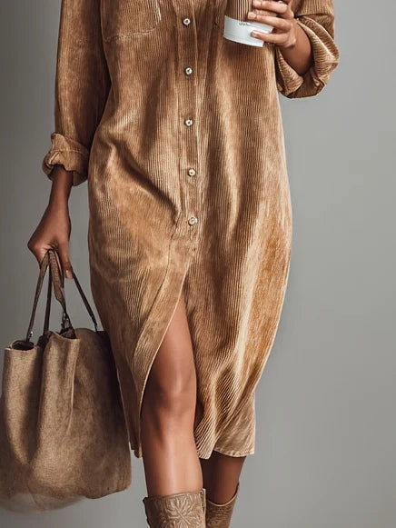 Loose corduroy mid-length dress with double chest pockets and single-breasted button closure