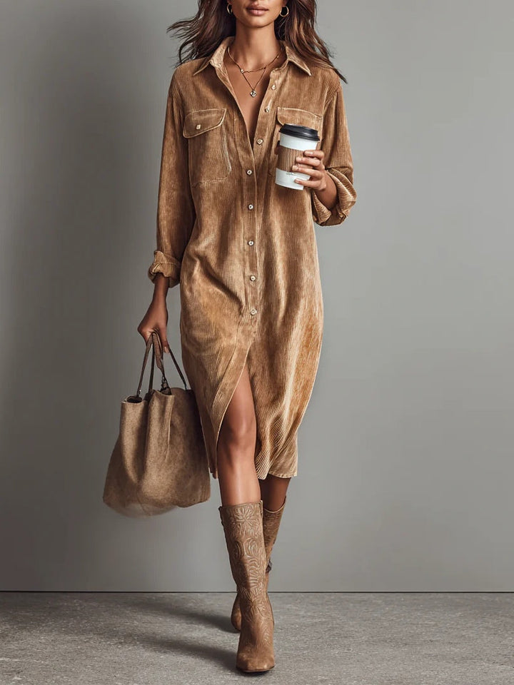 Loose corduroy mid-length dress with double chest pockets and single-breasted button closure